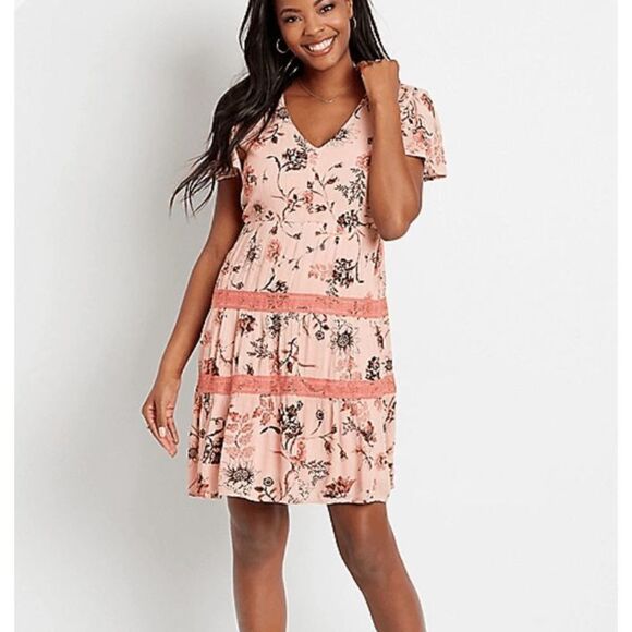Maurices Dresses & Skirts - Maurices Pink Floral Lace Trim Babydoll Dress Mini Gauzy Flowy Size Large